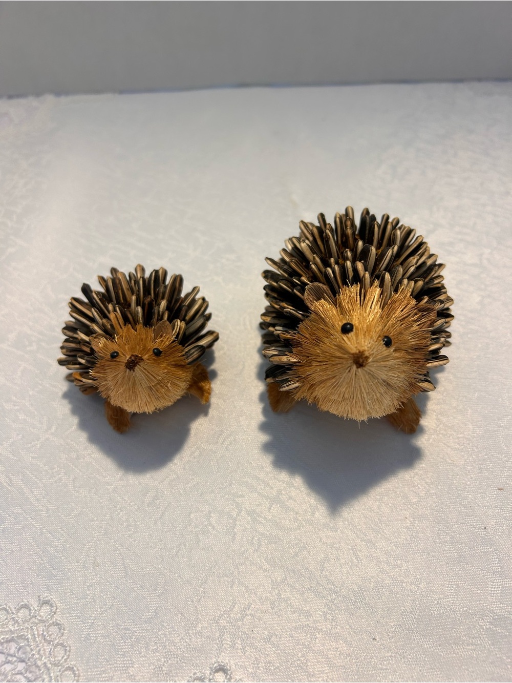 Hedgehog Figurine Set 2pc Sunflower Seed Rustic Brown Natural Folk Art
